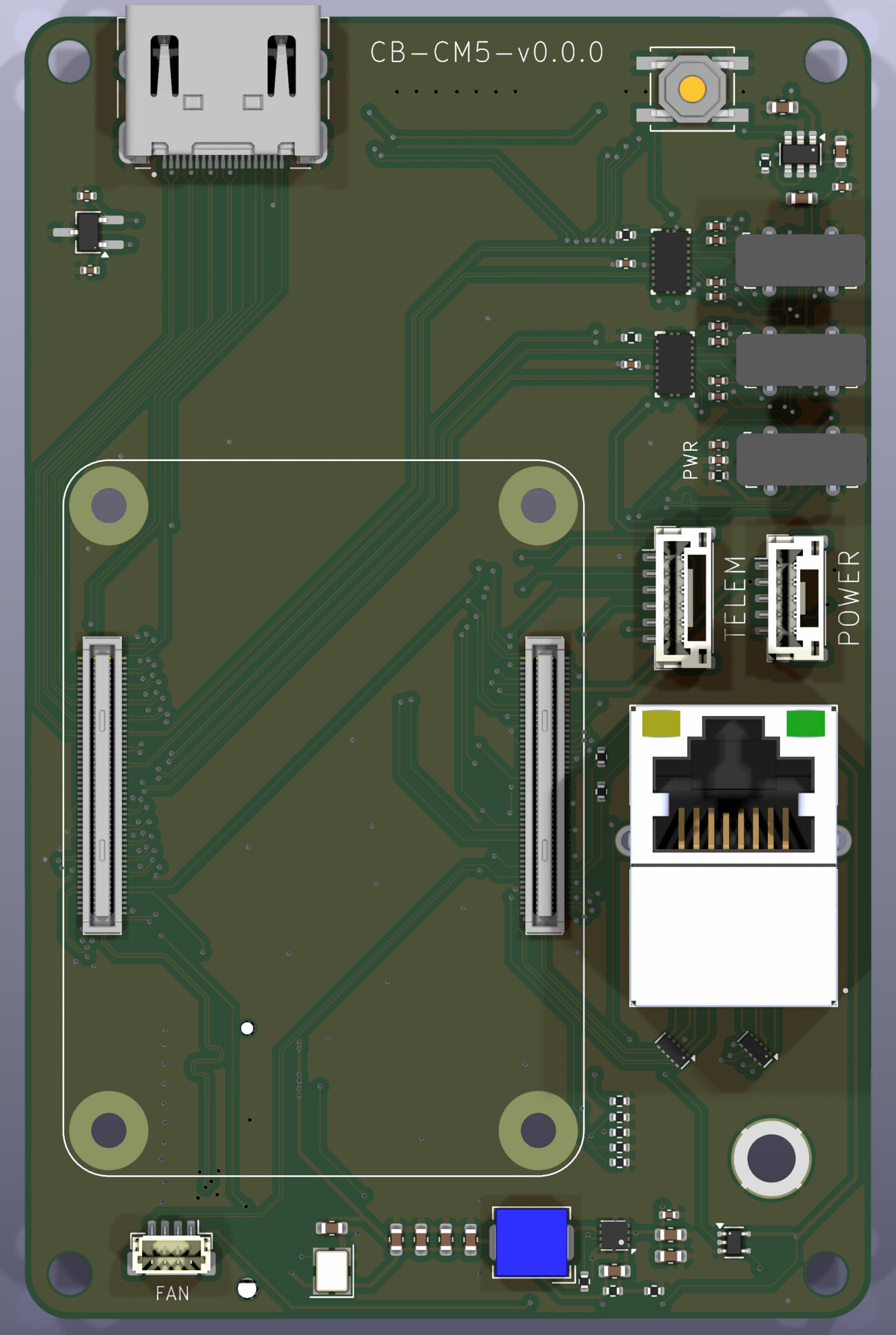 Top side. HDMI and the power button along the back edge; USB-C, telemetry, power and the RJ45 down the right; both CM5 connectors and the module outline through the middle; the M.2 buck and fan header along the front.